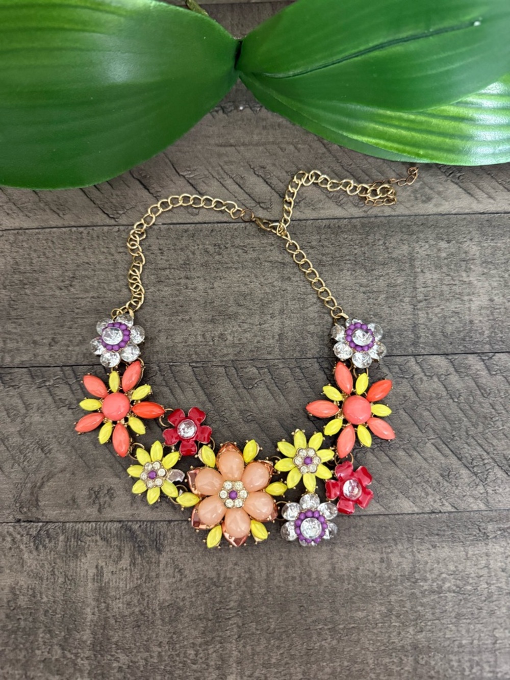 Gold-Tone Multicolor Flower Statement Necklace - Unbranded